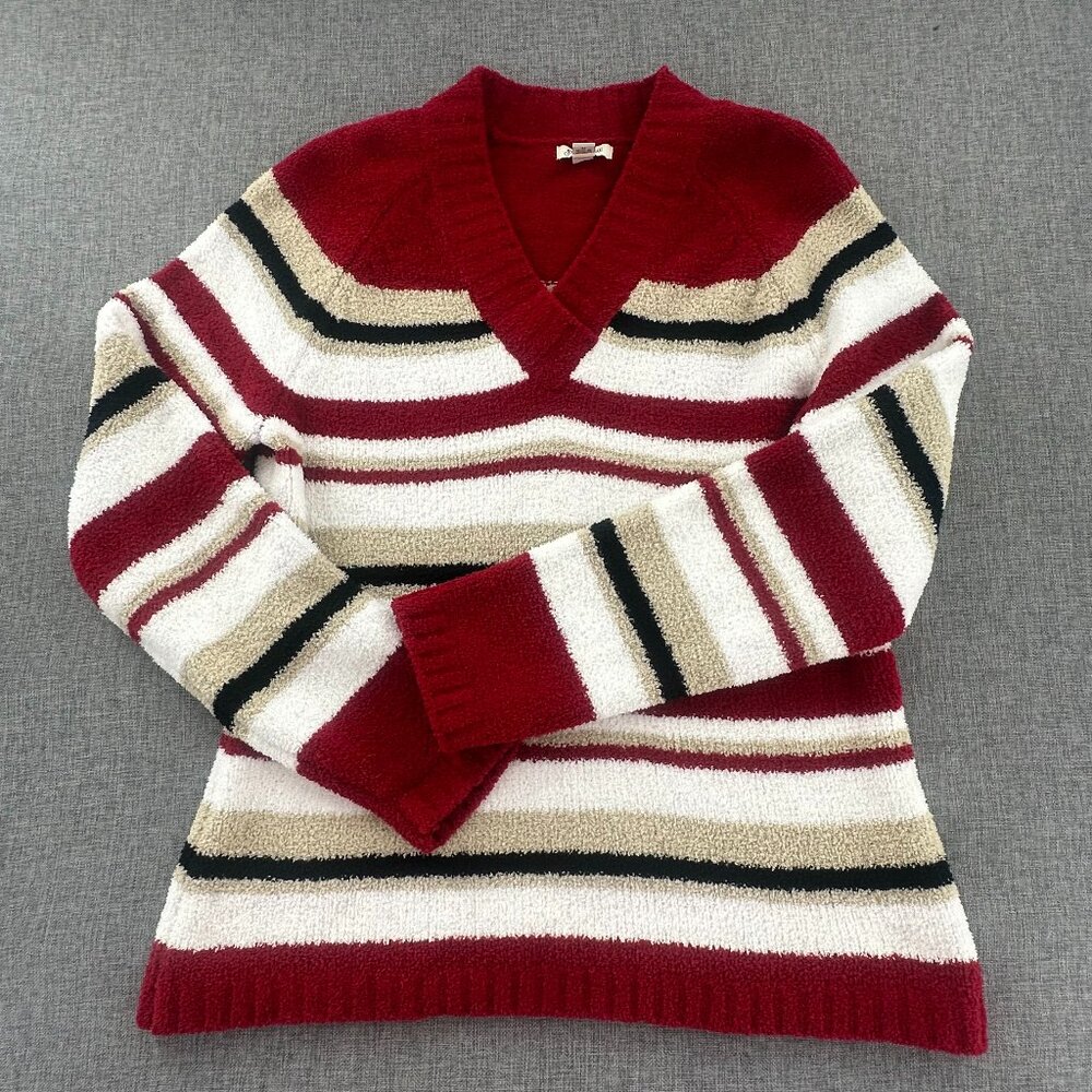 St. Johns Bay Striped sweater Medium V-Neck Plush Soft comfy Material Red White